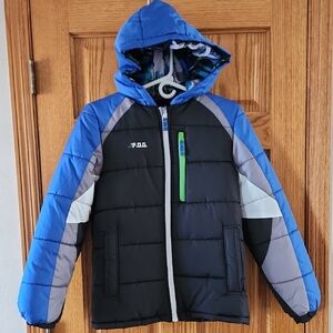 F.O.G. by London Fog Black Blue Gray Colorblock Puffer Jacket with Hood